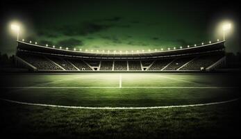 Fußball Stadion beleuchtet durch Scheinwerfer und leeren Grün Gras Spielplatz, groß Stadion, generativ ai foto