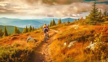 Berg Radfahren Frau Reiten auf Fahrrad im Sommer- Berge Wald Landschaft, ai generativ foto