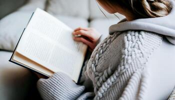 jung Mädchen im Weiß Strickjacke lesen geöffnet Buch, Wissen und Kind lesen Konzept, generativ ai foto