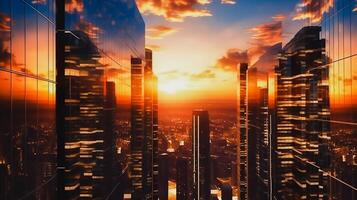modern Wolkenkratzer, Geschäft Büro Gebäude im Sonnenuntergang, ai generativ foto