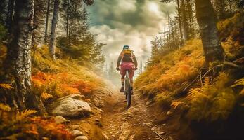 Berg Radfahren Frau Reiten auf Fahrrad im Sommer- Berge Wald Landschaft, ai generativ foto