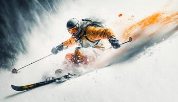 Springen Skifahrer Skifahren. extrem Winter Sport auf Berg, Abenteuer Sport, ai generativ. foto