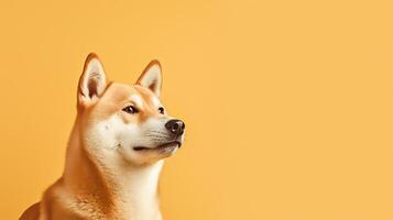 komisch süß Hund Shiba auf Gelb Studio Hintergrund, generativ ai foto