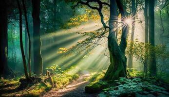 Grün Wald mit schön Strahlen von Sonnenlicht, Wald Landschaft, generativ ai foto