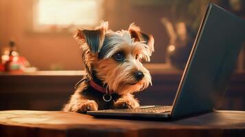 süß Hund suchen auf Laptop Monitor Bildschirm beim heim, ai generativ foto