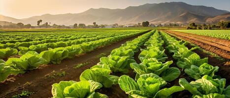 Feld von organisch Grüner Salat wachsend im ein nachhaltig Bauernhof mit schön Berge im Morgen, generativ ai foto