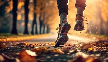 Start von Läufer Laufen im autum Wald und Park zu Erfolg und Tor Konzept, ai generativ foto