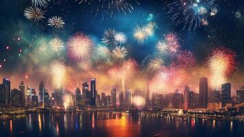 bunt schön Feuerwerk Über Stadt beim Nacht, generativ ai foto