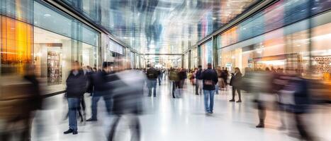 Gruppe von Menschen gehen Einkaufen im schnell Bewegung im Einkaufszentrum, generativ ai foto