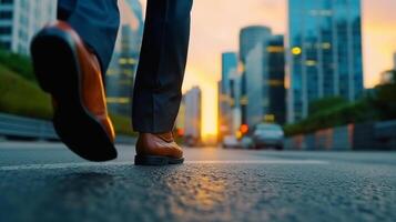 Geschäftsmann gehen auf Straße und Start zu Erfolg, schließen oben Schuhe gehen, Tor und Ziel Konzept, generativ ai foto