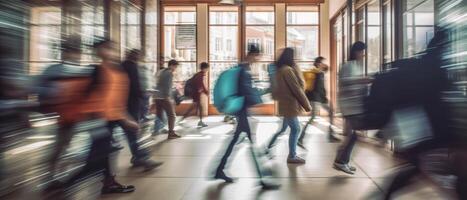 verschwommen Gruppe von jung Studenten gehen zu Klasse im schnell Bewegung, generativ ai foto