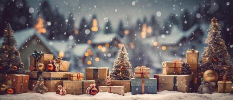 Weihnachten Banner Hintergrund, Jahrgang Geschenk Kisten und Bälle auf voll mit Schnee, generativ ai foto