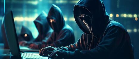 Hacker mit Kapuzenpullis. Hacker Gruppe Mannschaft im Vorderseite Laptop im modern Büro, generativ ai foto
