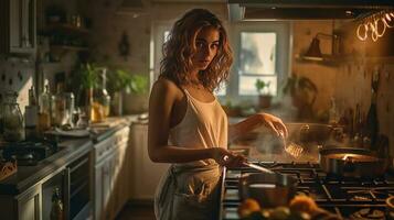 Frau Kochen beim Küche. Illustration ai generativ foto