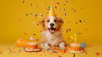 glücklich und komisch süß Hund tragen Party Hut feiern Geburtstag und farbig Konfetti fließend oben und ein Geburt Tag Kuchen auf Orange Studio, generativ ai foto