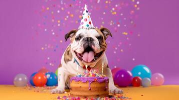 glücklich und komisch süß Hund tragen Party Hut feiern Geburtstag und farbig Konfetti fließend oben und ein Geburt Tag Kuchen auf violett Studio, generativ ai foto