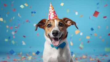 glücklich und komisch süß Hund tragen Party Hut feiern Geburtstag und farbig Konfetti fließend oben auf Blau Studio, generativ ai foto