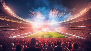 Aussicht Innerhalb Fußball Stadion mit Fans auf Stadion Spiel und Publikum Menschen Feier mit Scheinwerfer bunt Beleuchtung Hintergrund, generativ ai foto