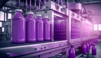 Gürtel oder Linie im frisch violett Getränk mit modern automatisiert industriell Maschine Ausrüstung, Abfüllung Pflanze und bunt Saft Getränk Plastik Flasche im Fabrik, ai generativ foto