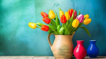 immer noch Leben mit bunt Tulpen mit Zement Mauer Hintergrund, ai generativ foto