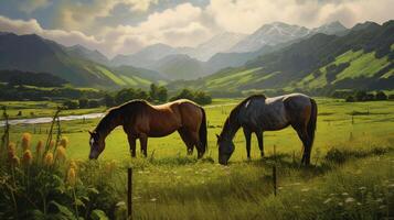 Vollblut- Pferde Weiden lassen mit Grün schön Berg Hintergrund im Morgen, ai generativ foto