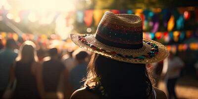 Menschen tragen Farmer Hut feiern festa junina. Silhouette Menge von Menschen feiern Feste Juninas. bunt Girlande Juni Brasilianer Festival. sao joao. generativ ai Illustration foto