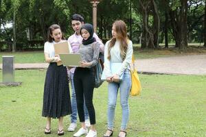 jung asiatisch malaiisch Chinesisch Mann Frau draussen Park gehen Stand Studie sich unterhalten diskutieren Punkt Laptop Datei Buch Rucksack foto