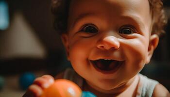 lockig behaart Kleinkind hält Spielzeug, lächelnd mit Freude generiert durch ai foto
