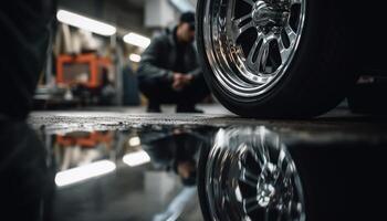 einer Mann reparieren Auto Reifen mit Sachverstand generiert durch ai foto