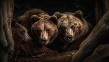 flauschige Hündchen Sitzung im Wald mit freunde generiert durch ai foto