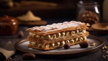 geschichtet Dessert mit Schokolade und Obst Scheibe generiert durch ai foto