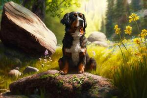 Hund Sitzung auf Felsen im Feld von Blumen. generativ ai foto