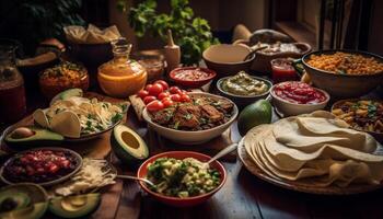 frisch gemacht Guacamole und Tomate Tacos serviert rustikal generiert durch ai foto