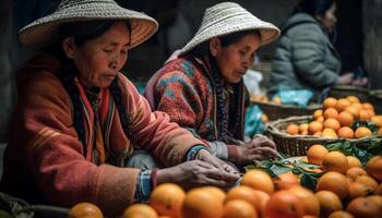 zwei Frauen lächelnd, Verkauf frisch organisch Lebensmittel generiert durch ai foto