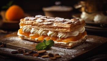 ein rustikal Teller von frisch gebacken Kuchen generiert durch ai foto