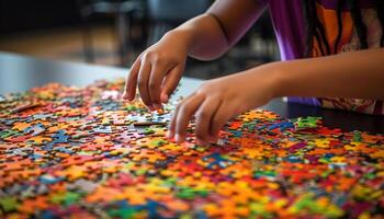 Mädchen spielen Puzzle, Kreativität und Zusammengehörigkeit Herrschaft generiert durch ai foto