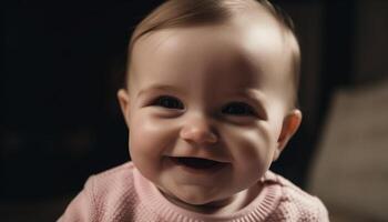 lächelnd Kleinkind bringt Freude und Unschuld drinnen generiert durch ai foto