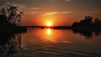 golden Sonne setzt Über still Wasser Betrachtung generiert durch ai foto