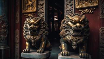 uralt Chinesisch Löwe Skulptur, Symbol von Lizenzgebühren generiert durch ai foto