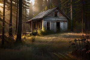 ein fotografieren von ein verlassen Haus eingebettet im das Herz von ein Wald. generativ ai foto