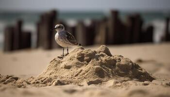 Möwe Sitzung auf Zaun, genießen nass Sand generiert durch ai foto