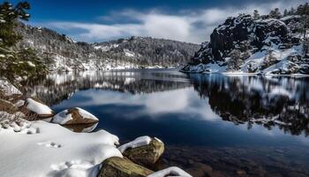 majestätisch Berg Gipfel spiegelt im still Blau Wasser generiert durch ai foto