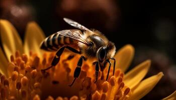 beschäftigt Biene Sammeln Pollen von Gelb Blume generiert durch ai foto