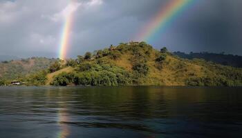 majestätisch Berg Angebot spiegelt beschwingt Regenbogen Spektrum generiert durch ai foto