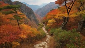 beschwingt Herbst Farben schmücken still Wald Landschaft generiert durch ai foto