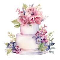 Aquarell Hochzeit Kuchen mit Blumen. Illustration ai generativ foto