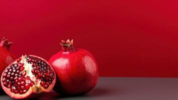 Granatapfel Obst auf rot Hintergrund. Illustration ai generativ foto