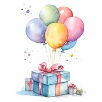 Aquarell glücklich Geburtstag Geschenk Kisten mit Luftballons. Illustration ai generativ foto