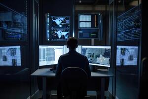 Rückseite Aussicht von ein Mann Sitzung im Vorderseite von Computer Monitore im Server Zimmer, ein es Spezialist Rückseite Aussicht Arbeiten auf ein persönlich Daten Sicherheit, ai generiert foto