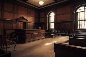 Jahrgang hölzern Gerichtssaal Innere. 3d Wiedergabe. retro Stil. leeren enorm Jahrgang Gerichtssaal Sicht, ai generiert foto